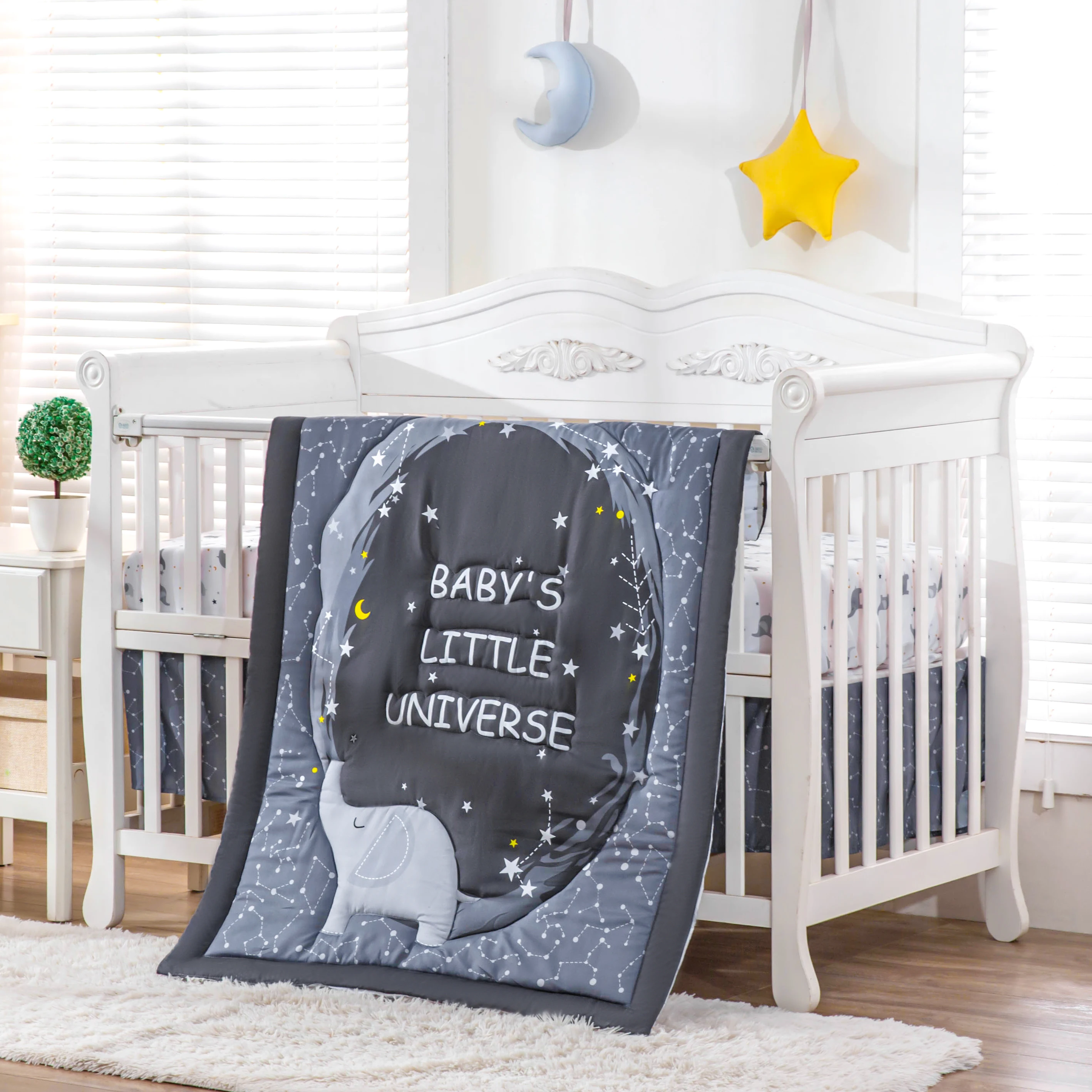 3Pcs Space Theme Baby Bedding Set for Boys Girls Standard Size Soft Cot Bedding Set (Comforter Fitted Sheet Crib Skirt)