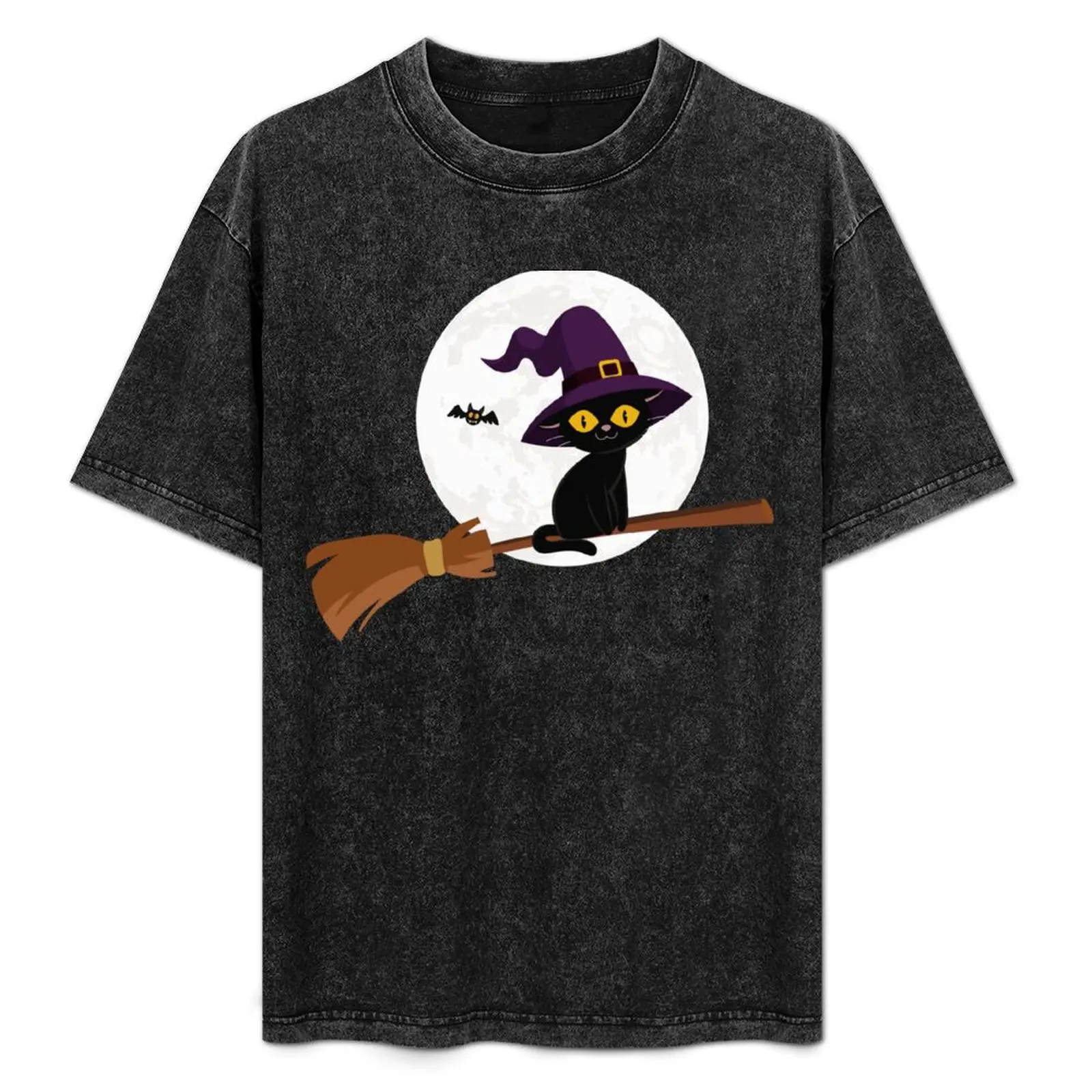 

Black Cat Flying on Witch Broom T-Shirt Christmas Casual Tee Shirt