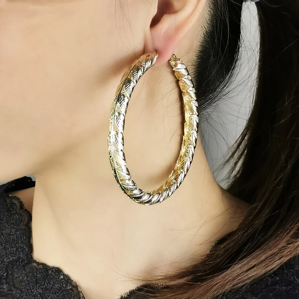 Fashion Chunky Big Hoop Earrings For Women Vintage Leaves Metal Dangle Statement Earring 80mm African Women\'s Jewelry Punk