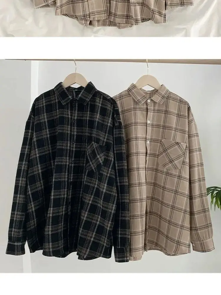 Vintage chemises à carreaux femmes automne à manches longues surdimensionné boutonné chemise mode coréenne décontracté automne vêtements d'extérieur hauts Blusas Mujer