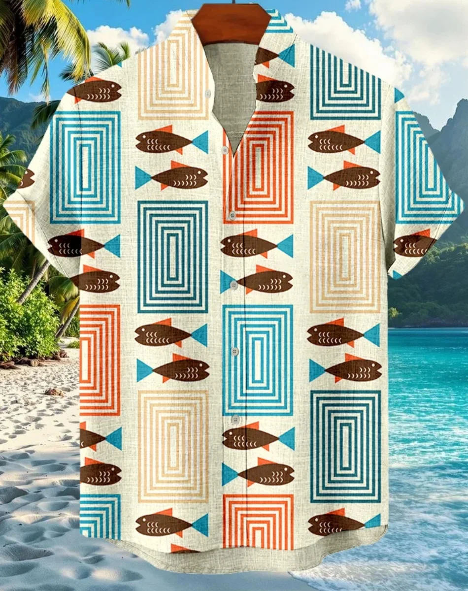 男性用のリネン生地のフィッシュとタコのプリントが施されたカジュアルな半袖シャツ、フェスティバルスタイル、ヴィンテージスタイル、l