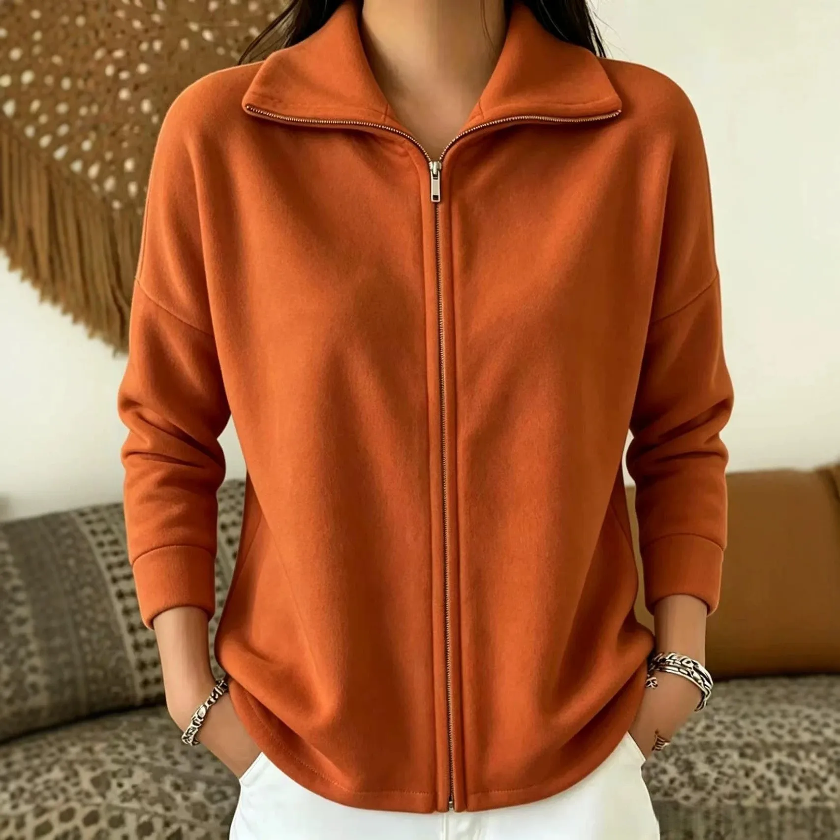 Zipper Coat Loose Fit Elegant Commuter with Zipper Closure Regular Sleeve Autumn Notched Collar No Hood Single Women Jacket