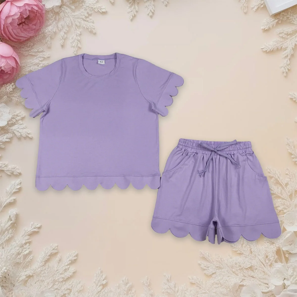 

Adult Women Lavender Purple Short Sleeve Shirt Pockets Short Scallop Clothes Set Nightclothes Sleepwear Sets Shorts Wholesale