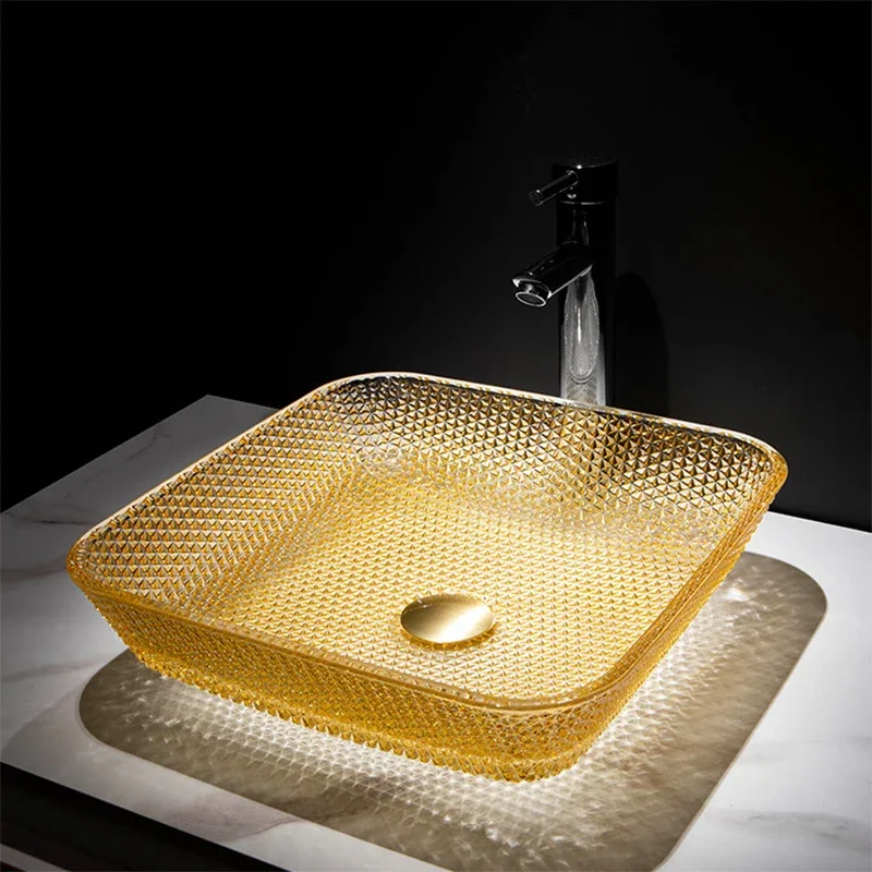 390*390*110mm Glass Sink Square Bathroom Washbasin Transparent Crystal Countertop Art Basin Home Balcony Luxury Hand Wash Sink