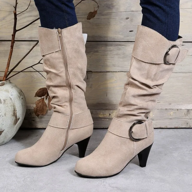 Big Size 34-43 Autumn Winter New PU Leather Buckle Chunky Heels Mid Calf Boots Round Toe Slip on Casual Women Shoes Roman Style