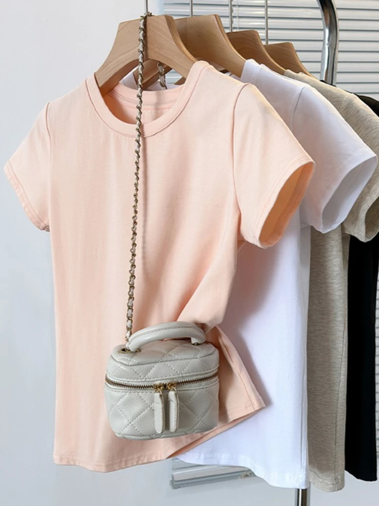 Zjaiss 2026 Sommer Koreanischer Stil O-Neck Damen Kurzarm-T-Shirt Trendiges Einfarbiges Lockeres Lässiges Basic-Oberteil mit Regulärer Schulterpartie