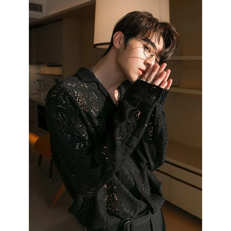 Korean Version Cuban Collar Shirt Men's Summer Autumn Style Hollow Out Long Sleeved Shirt Casual Business Streetwear Shirts