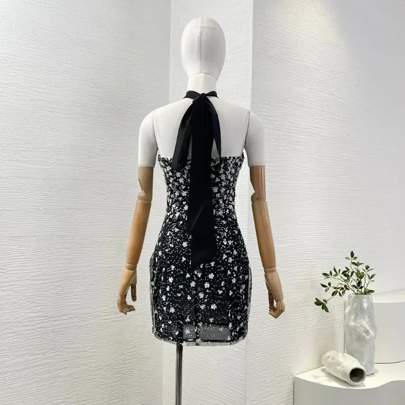 Flower Sequins Black Mini Dress Women's Halter Tube Party Dress Sexy Style High Quality 2024