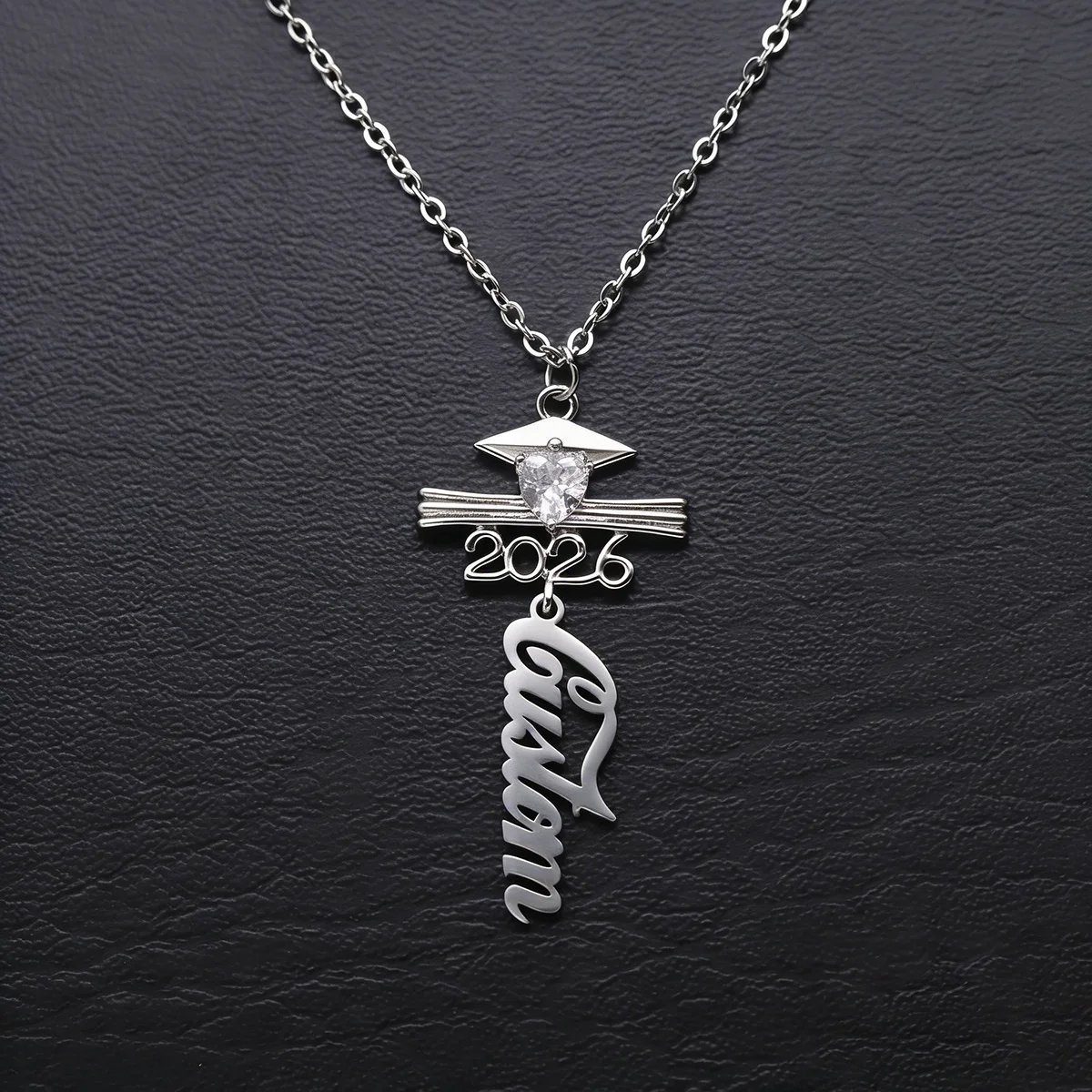 Custom Engraved Name 2026 Graduation Pendant Necklace, Stainless Steel with White Zircon, Graduation Gift for Graduates