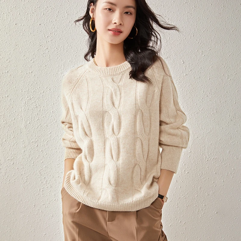 เสื้อไหมแคชเมียร์ถักลายดอกบิดเกลียว คอกลม แขนยาว สำหรับผู้หญิง ดีไซน์หรูหรา สไตล์ชาติพันธุ์ สำหรับฤดูใบไม้ร่วงและฤดูหนาว ผลิตจากไหมแคชเมียร์แท้ 100%