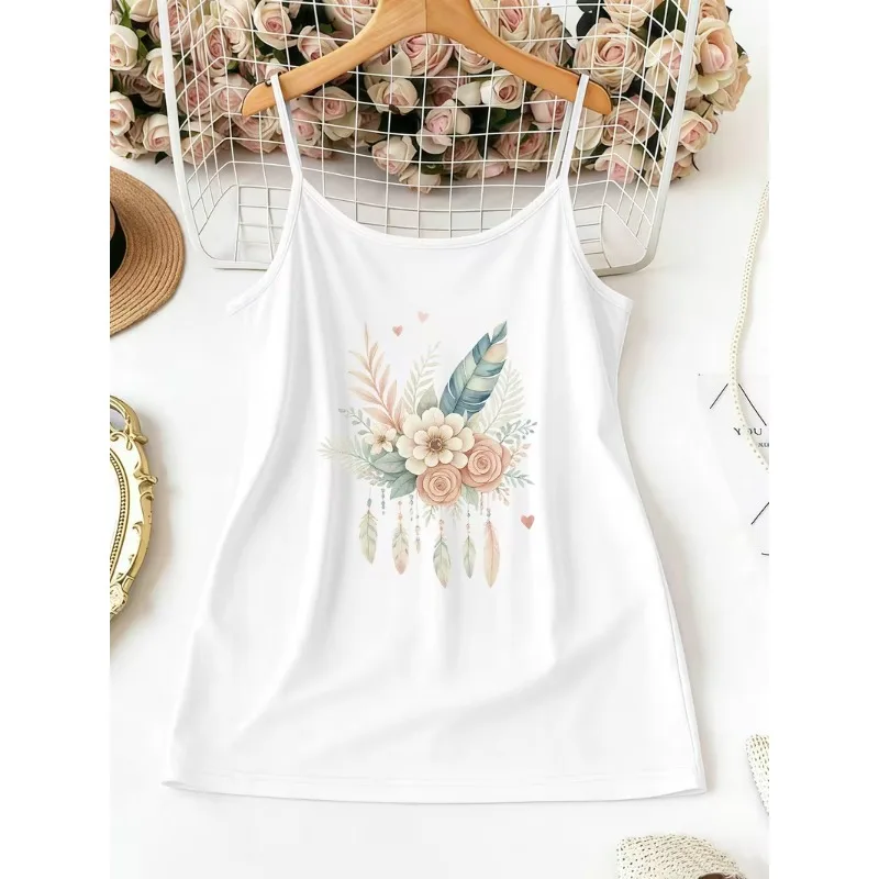 Women Boho Spaghetti Strap Cami Top Dreamcatcher Floral Feather Print Sleeveless Tank Top Bohemian Casual Summer Holiday Tops