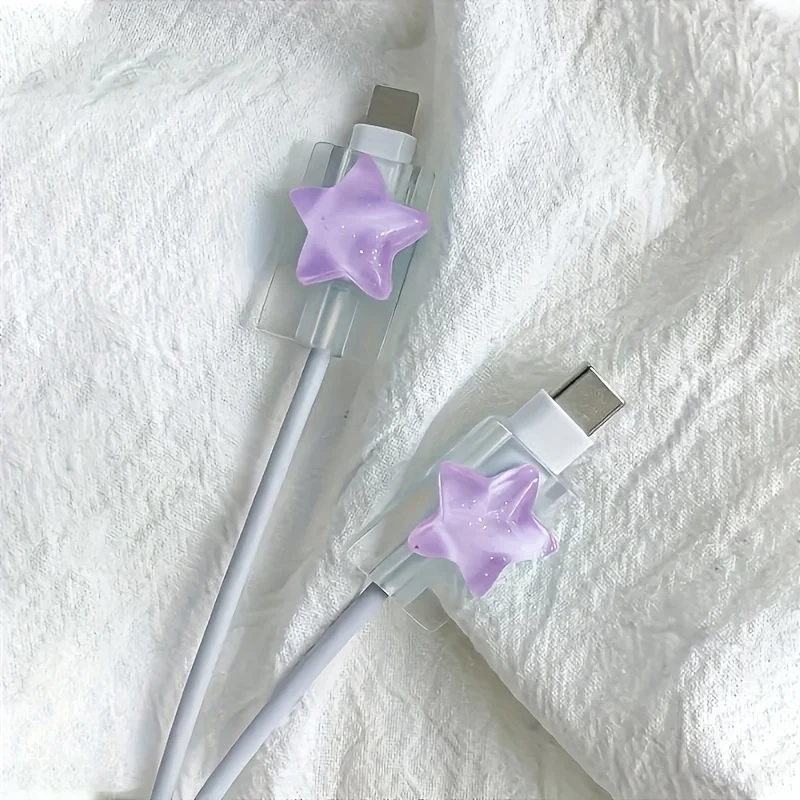 2Pcs Korean Purple Stars INS Clear Charger Data Cable Protector Cover Charger Line Protectors Winder Anti-break Cord Cover Wrap