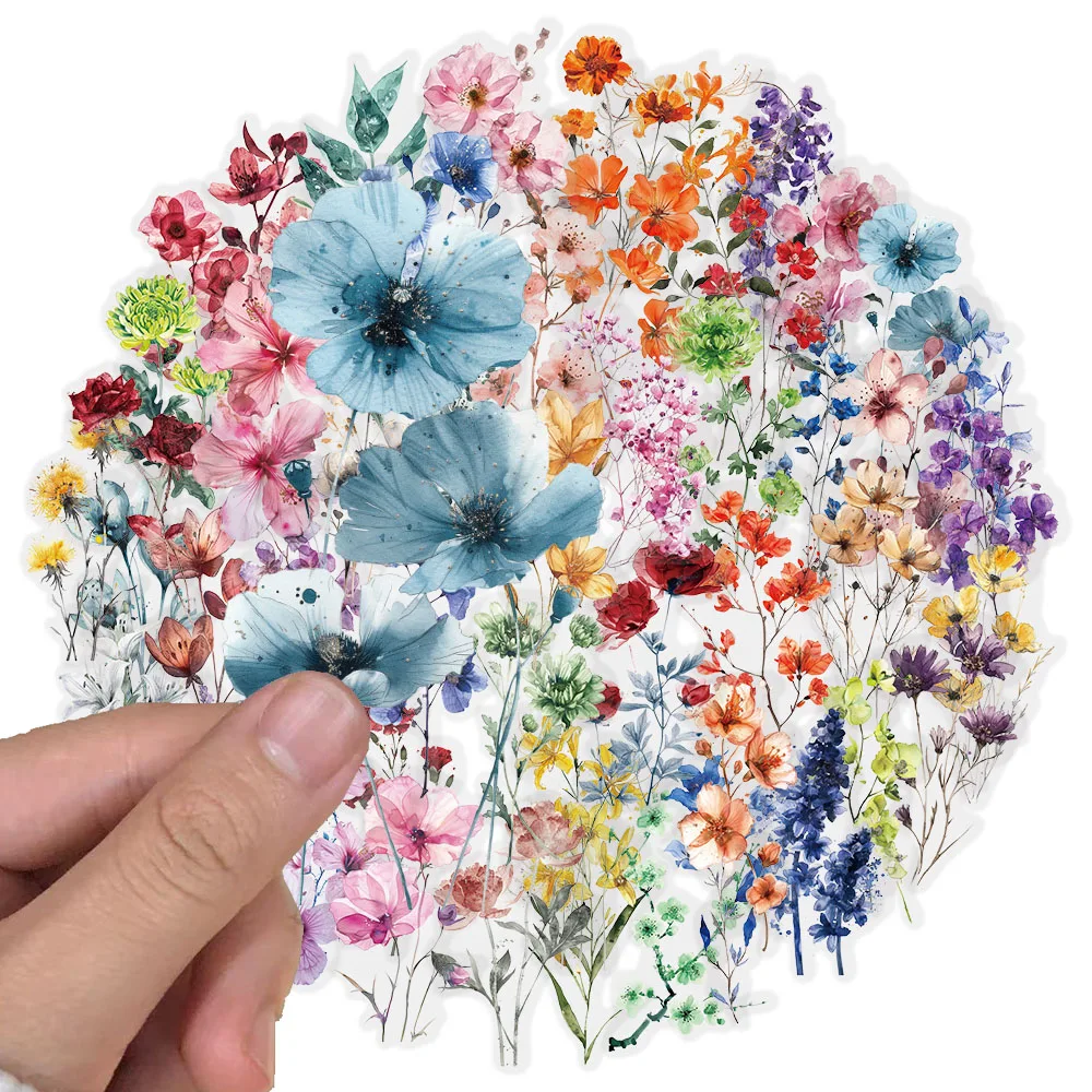 50PCS Color Ink Flower Sticker Pack Waterproof Transparent PET Brochure Flower Material Decorative Notebook Waterproof Stickers