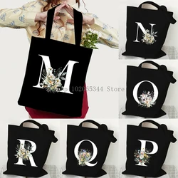 Fashion Shoulder Bag Aesthetics Wildflower 26 Alphabet A B Graphic Shopping Bags Vintage Letter Foldable Canvas Women's Handbags