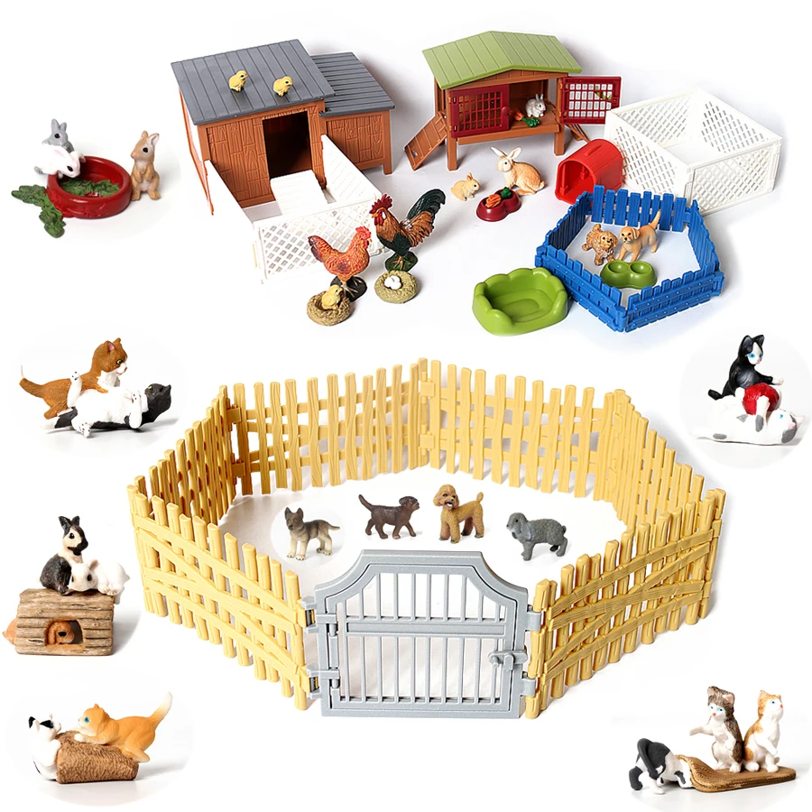 Juego de simulación de gato, gatito, conejo, cachorro, perro, pollo, figuras de animales de granja, casa de juegos, juego de juguetes para adornos de pasteles, recuerdo de fiesta