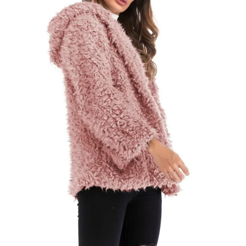 Mantel bulu beruang Teddy Wanita, Luaran lengan panjang halus warna polos, sweater kasual longgar musim gugur dan dingin