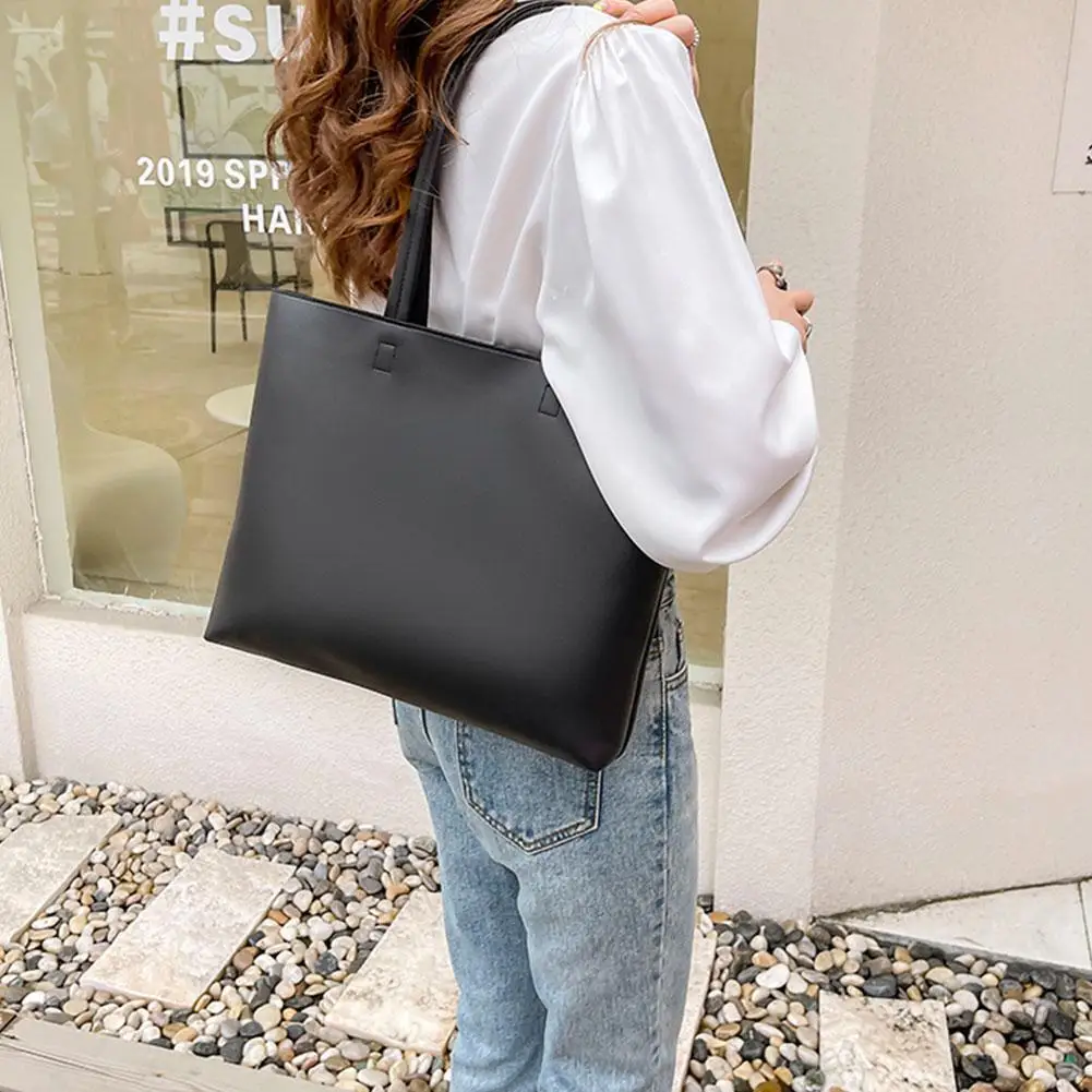 Women\'s Large Capacity Tote Bag Solid Color Simple Commuter Bag Ladies Casual Shoulder Shopping Bag PU Leather Underarm Bag