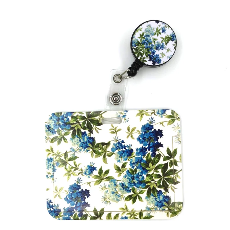 Blue Green Flowers Fashion Women Card Holder Lanyard Colorful Retractable Badge Reel Nurse Doctor Student Exhibition ID Card