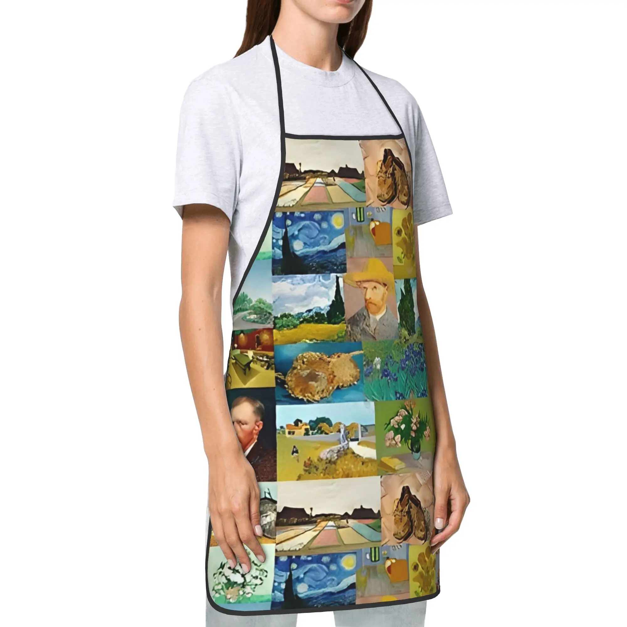 Van Gogh Art Oil Paintings Oil-Proof Bib Apron Thin Polyester Sunflowers Starry Night Kitchen Adult Women Men Picnic Pinafore