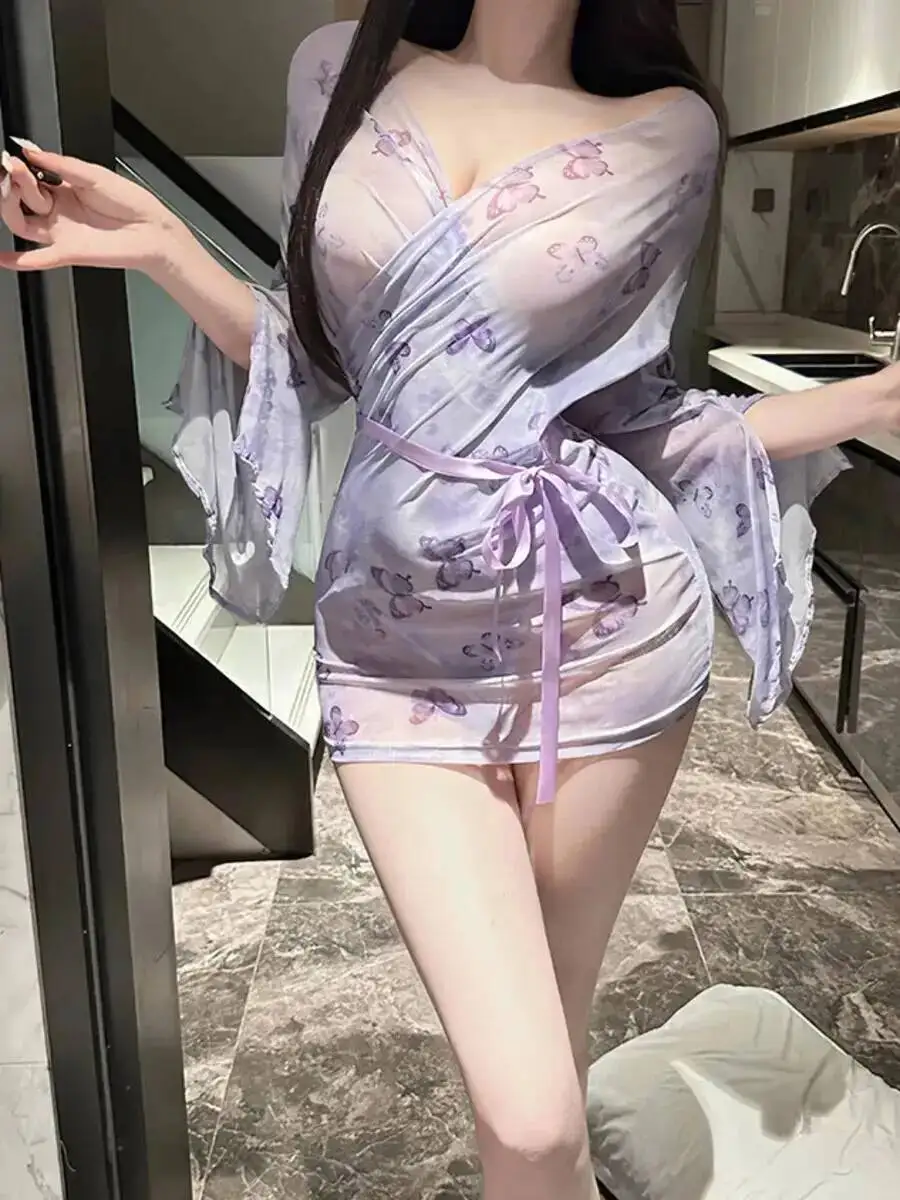 Sexy Butterfly Printed Dress Kimono Seductive Sheer Nightgown Pure Desire Bare Chest Wrap Hip Long Sleeved Sweet Mini Dress SNA4