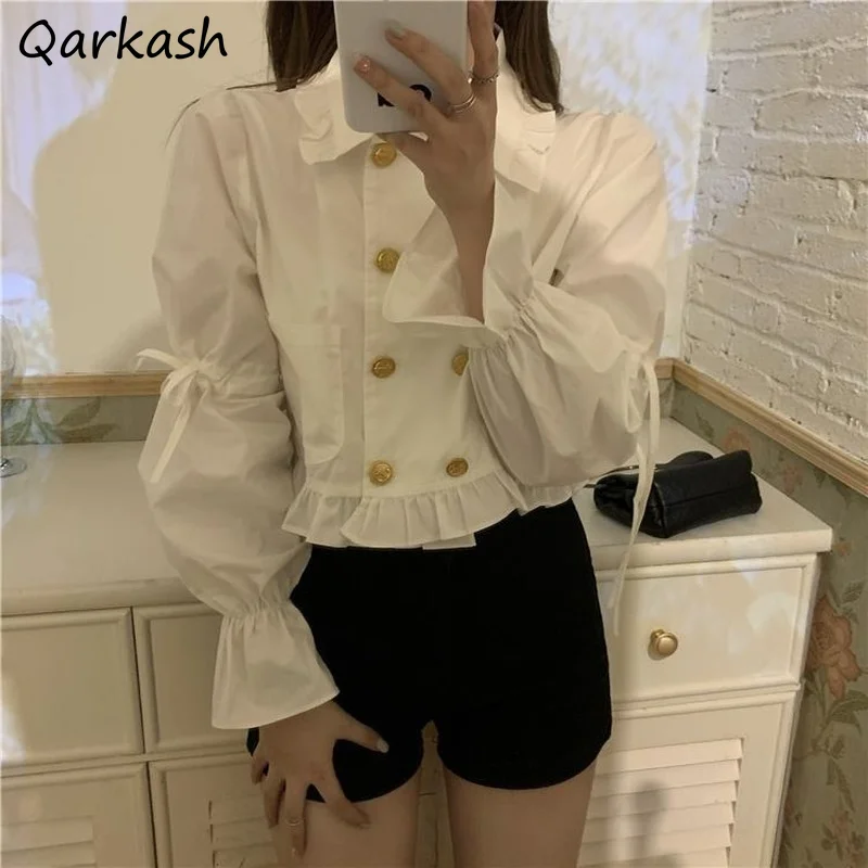 Shirts Women White Cropped Design Preppy Kawaii Sweet Ins Classic Ulzzang Tops Mujer Casual Bandage Long Sleeve Princess Clothes