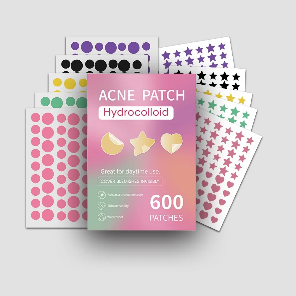 600Pcs 3 Shapes Mixed Round Star Heart Hydrocolloid Acne Patches Multi Color Waterproof Invisible Blemish Stickers Pastel Pink G