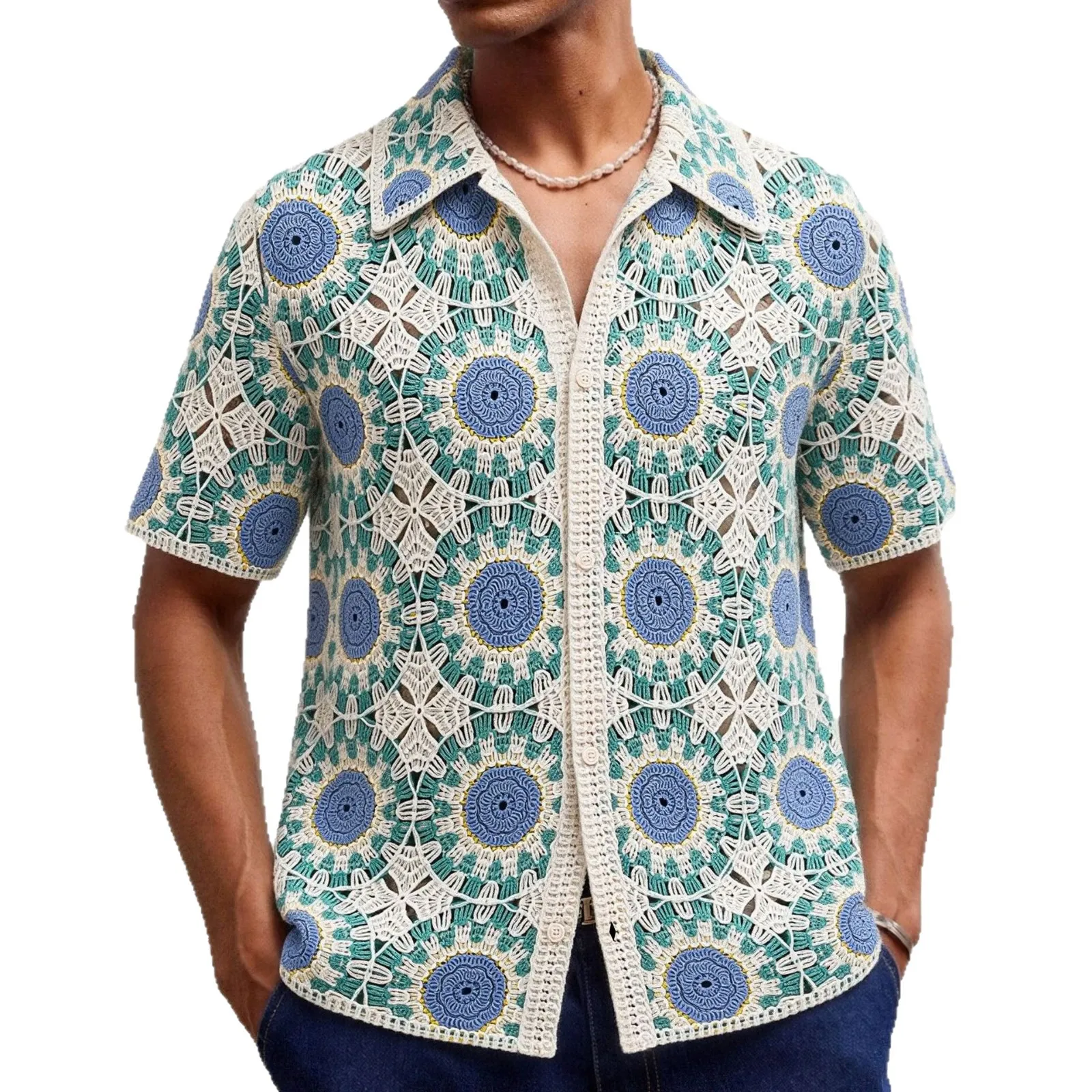 Luxury Fashion Men's Spring & Summer Crochet Openwork Knit Sweater Turn-Down Collar Short Sleeve Casual Pullover Polo Shirt Top