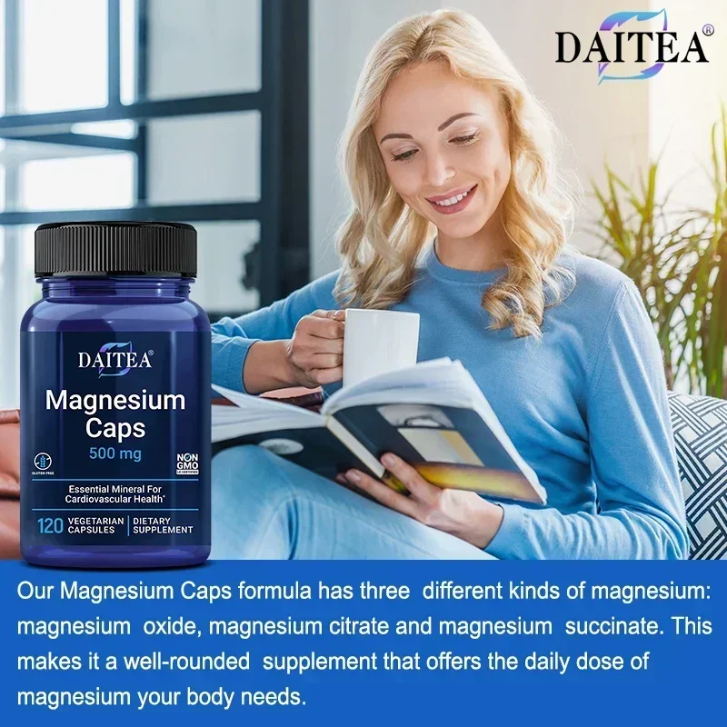 Daitea Magnesium 500 Mg, Magnesium Supplement for Muscle, Heart, Bone and Nerve Support, Non-GMO, 120 Capsules