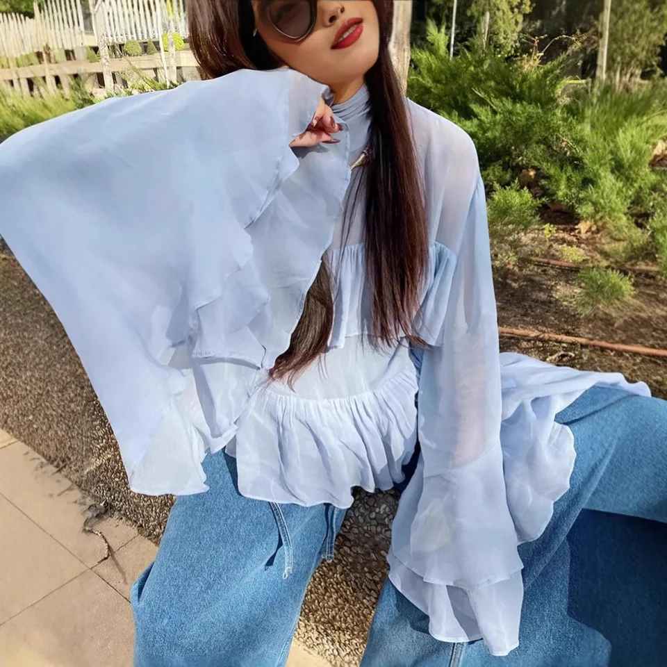 

2026 Spring New Fashion Blue Flare Sleeve Ruffle Trim Shirt Top Women Design Sense Long Sleeve Blouse Womens Outfit