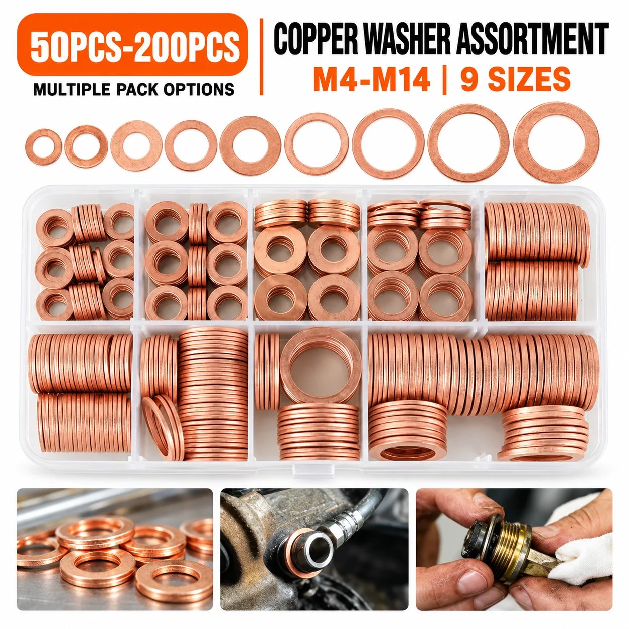 50/100/200pcs Copper Washer Gasket Nut & Bolt Set Perfect For Sump Plugs - Includes Box & Assorted Sizes (M5/M6/M8/M10/M12/M14)