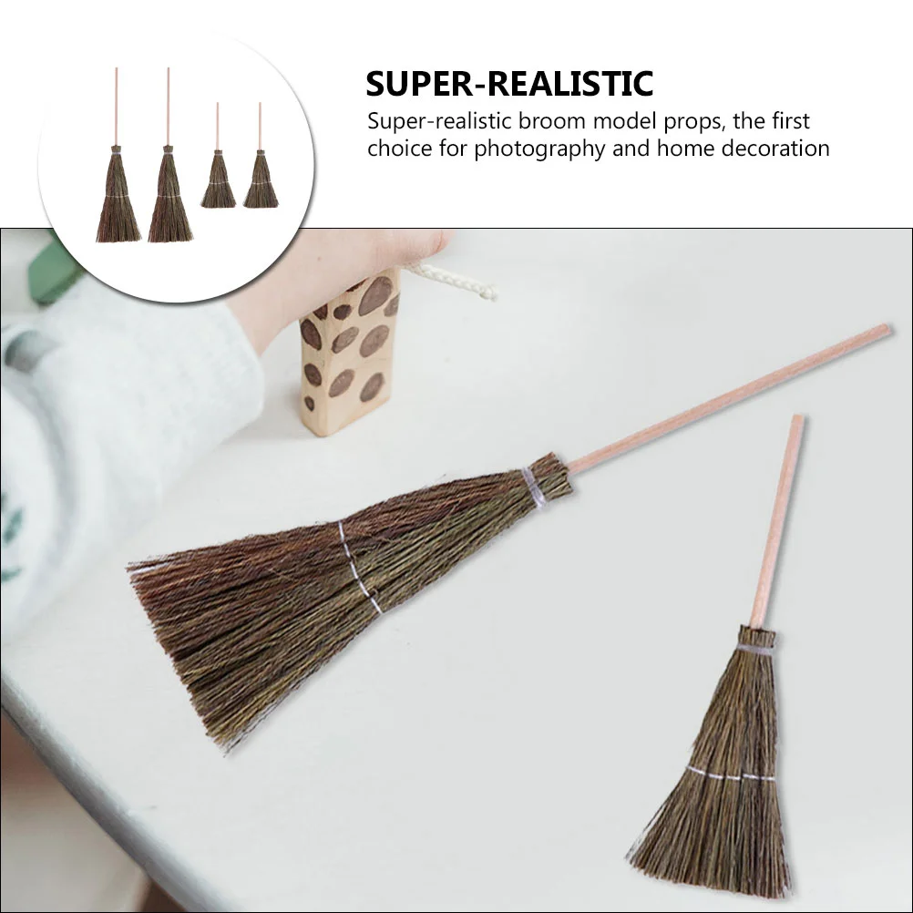 4 Pcs Broom Hand- Woven Mini Handmade Toys Decor Brooms Ornaments Decorative Weave House Supply