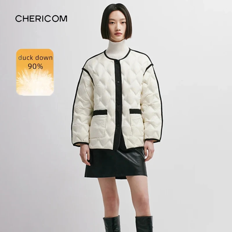 Chericom jaqueta curta feminina clássica contraste com zíper frontal calor elegante casacos leves de peito único y298006y