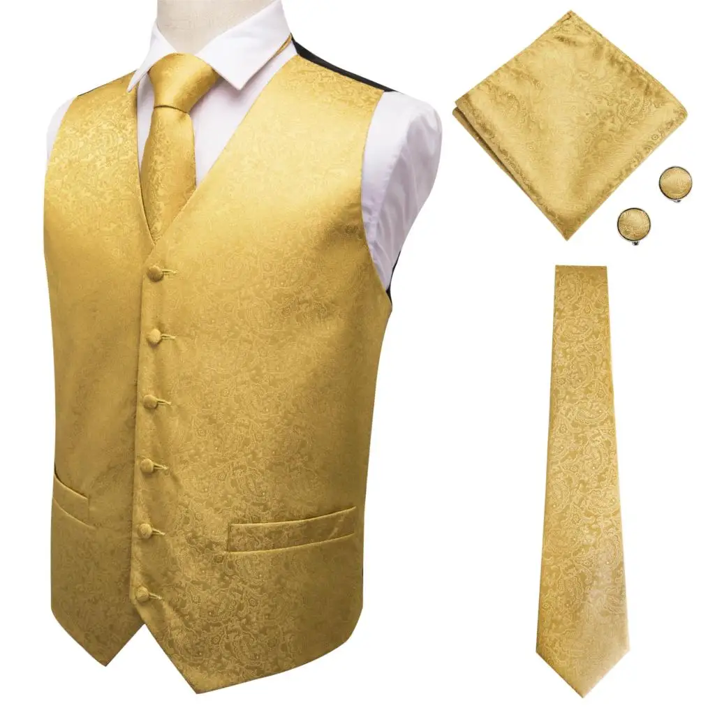 Men's Gold Jacquard Paisley Vest Set 2019 New Elegant Men Wedding Party Waistcoat for Suit Tuxedo Necktie Pocket Square MJ-0009