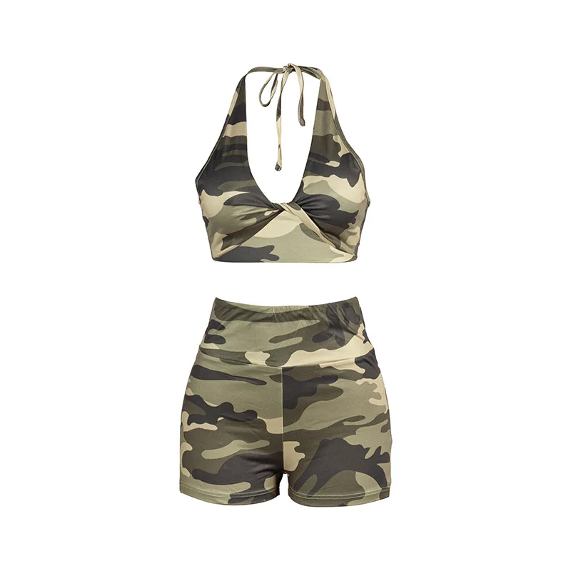 Camouflage Women 2 Pieces Set 2024 Summer New Sleeveless Halter Lace-up Crop Top High Waist Shorts Party Club Streetwear