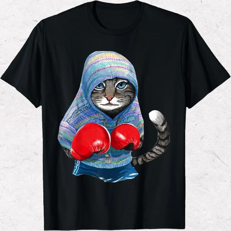 

Do You Want To Challenge The Cat's Boxing Skills Хлопковая футболка с круглым вырезом и принтом Уличная дышащая летняя повседневная футболка с короткими рукавами