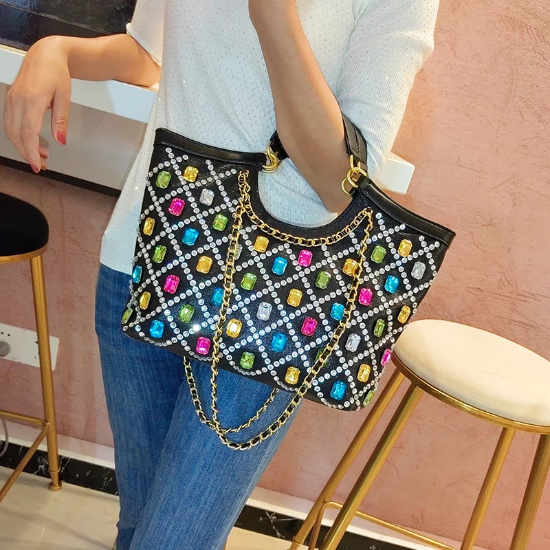 Imagem -03 - Couro Genuíno Bolsa Feminina de Luxo Moda Diamantes Senhoras Bolsas Tote Brilhante Corrente Ombro Crossboby Bolsas Novo