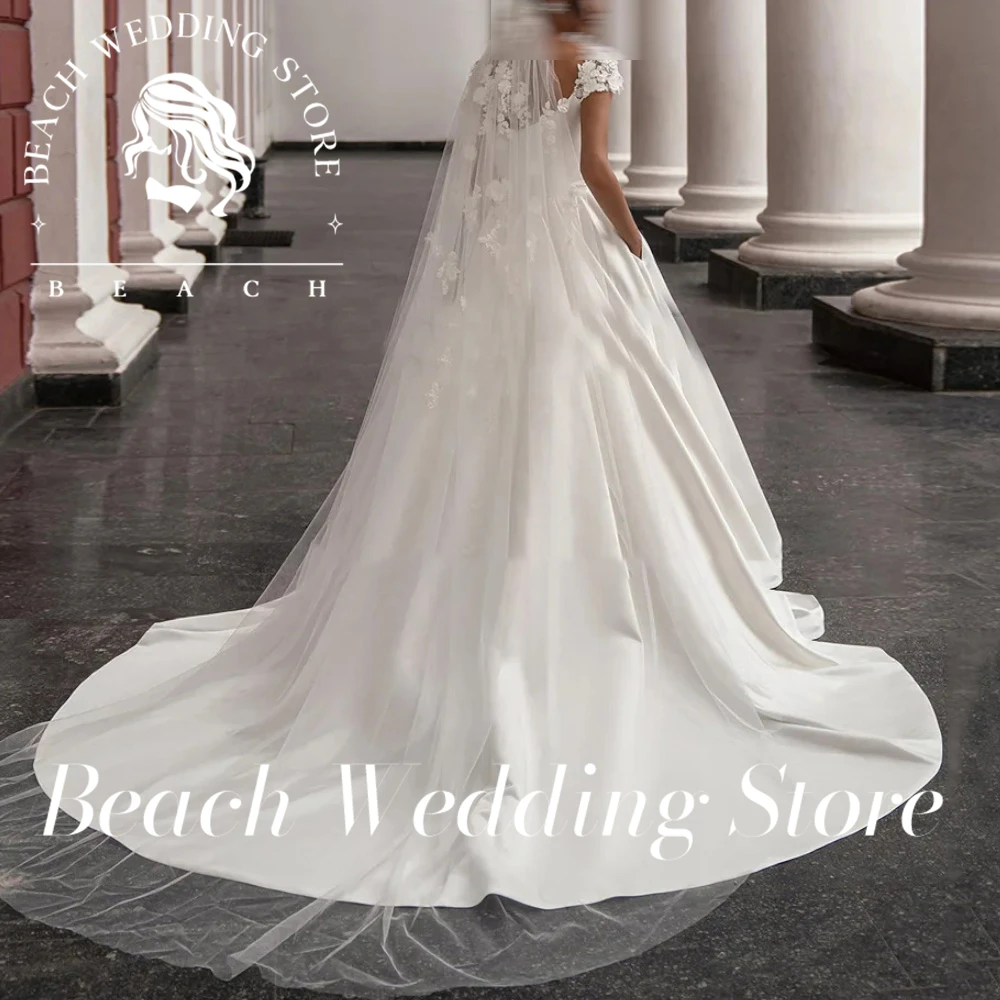 Beach Customized Satin Cap Sleeves Lace Appliques Wedding Dress For Women Ball Gown Elegant Backless Bridal Gown  Vestidos