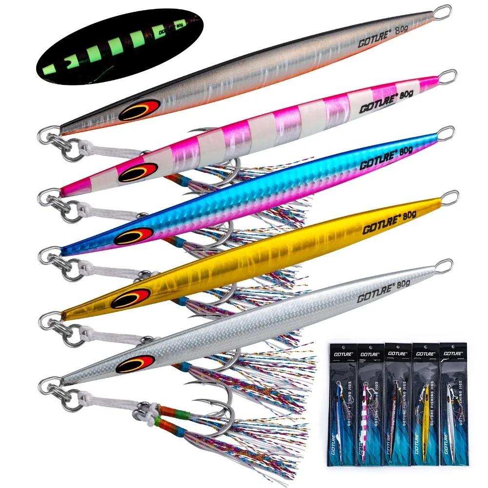 Goture 80/160/200g Jig Fishing Lure Set Fast Sinking Jigging Lure Double Hooks Metal Jig Seawater  Artificial Fishing Bait