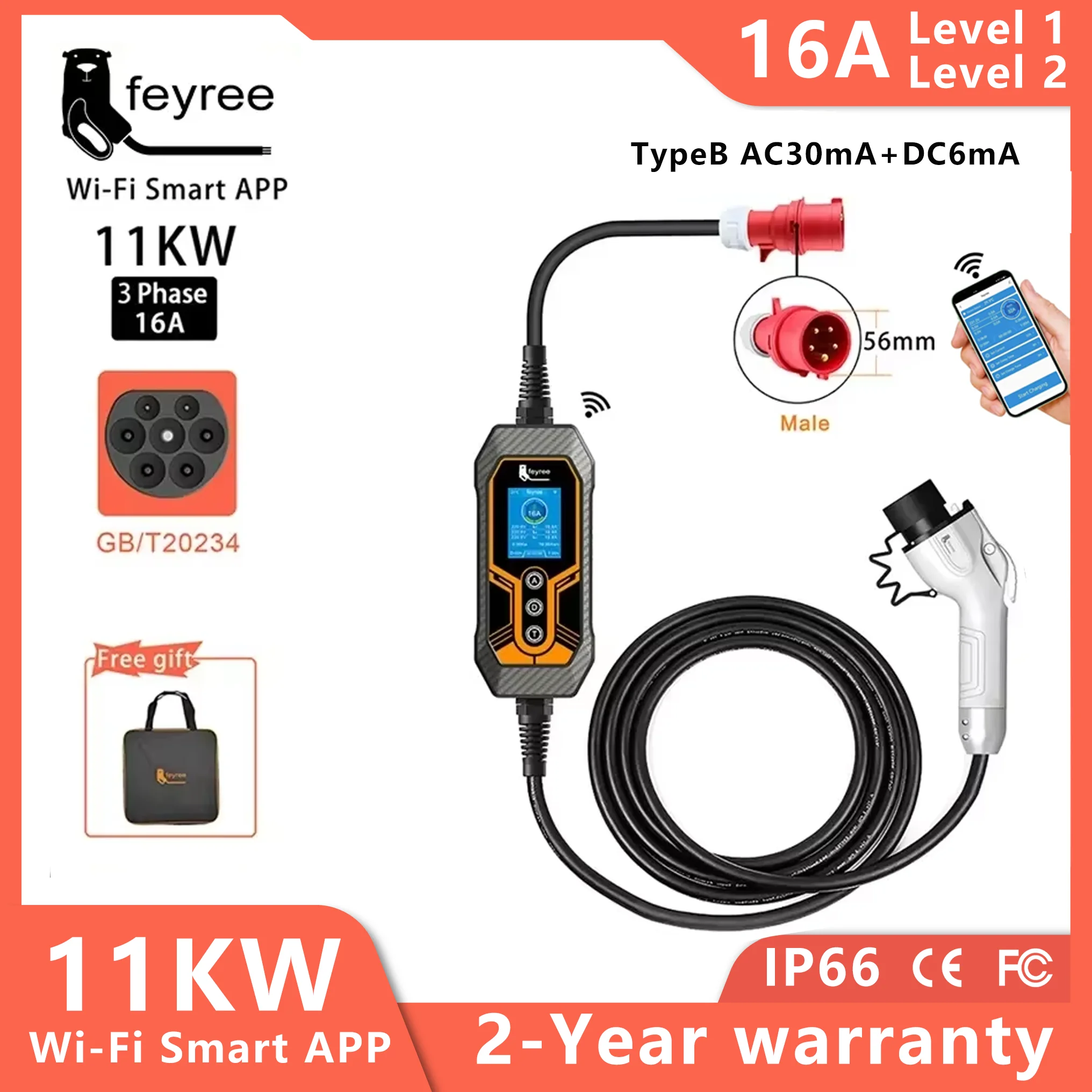 feyree GB/T Portable EV Charger EVSE 11KW 16A 3Phase APP WIFI Version 7KW 32A 1Phase for Electric Vehicle Car Charger