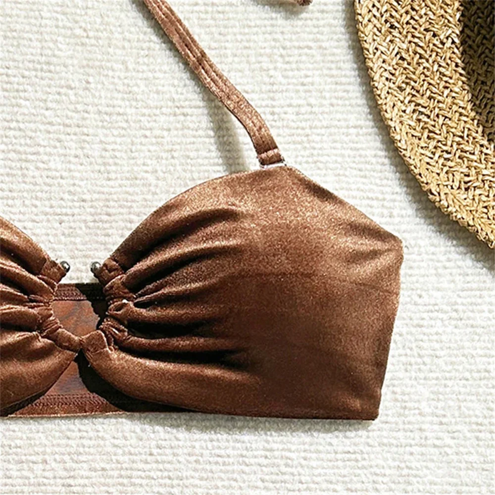 Costume da bagno bikini vintage in velluto marrone a fascia con anello Halter Backless Vacanza Costumi da bagno Donna Costume da bagno Beach Outfit Bikini Set