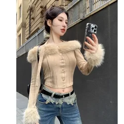 Fur Collar Off Shoulder Halter Tops Mujer Y2k Slim Fit Long Sleeve Cardigan 2024 Autumn Winter New Bottoming Sweaters