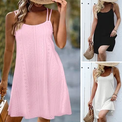 Plus Size Eyelet Jacquard Solid Cami Dress Casual Crew Neck Sleeveless Dress For Spring & Summer Women's Plus Size Clothing