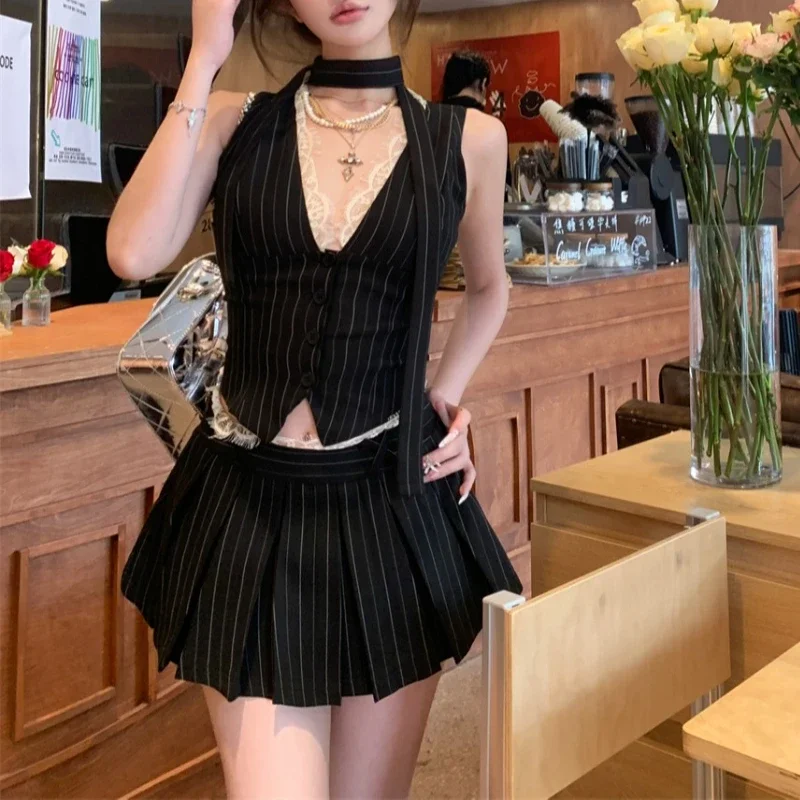 2024 Summer 2 Piece Skirt Set V-neck Lace Patchwork Striped Casual Camisole Women + High Waist Pleated A-line Skirt Vintage Suit