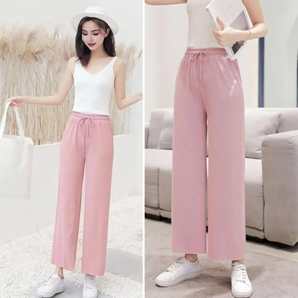 Pantalones de cintura elástica con cordón para mujer, pantalones de pierna ancha de seda de hielo, elegantes, cómodos, de verano