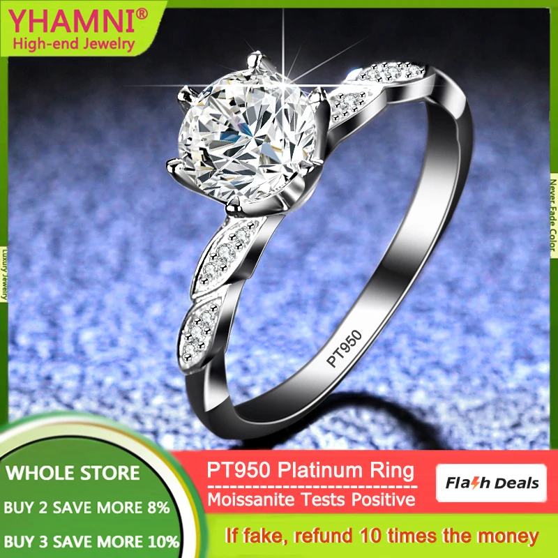 YHAMNI Gorgeous PT950 Platinum 1CT Moissanite Diamond Ring Elegant Women Bridal Engagement Wedding Party Promise Jewelry Gift