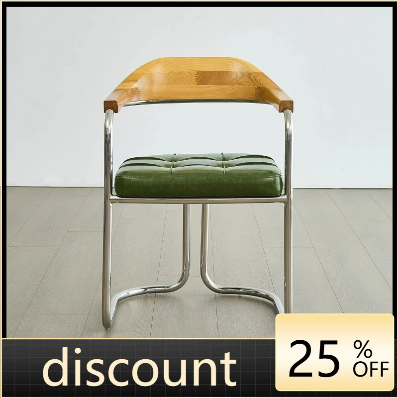 LTT French retro dining chair solid wood back chair Bauhaus light luxury leather single chair