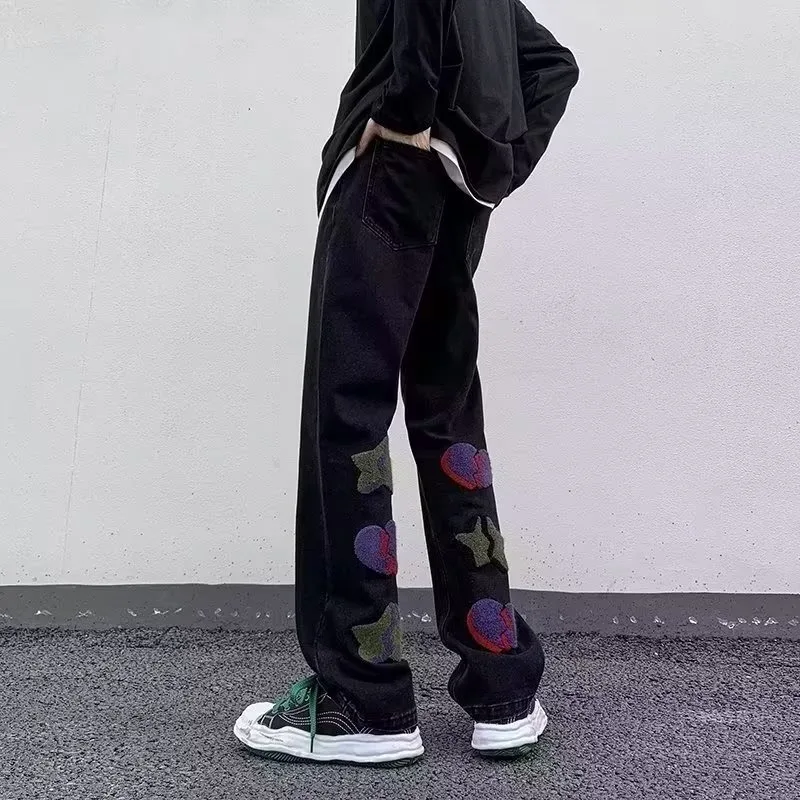 Spring and Autumn New Casual Jeans Men American Style High Street Loose Straight Wide-leg Full Length Basic Denim Pants Male