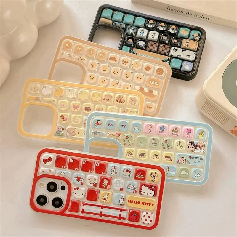 Luxury Creative Cute Hello Kitty Keyboard Phone Case For iPhone 12 13 14 15 16 Pro Max Funny Cartoon Bear Melody Keyboard Cover