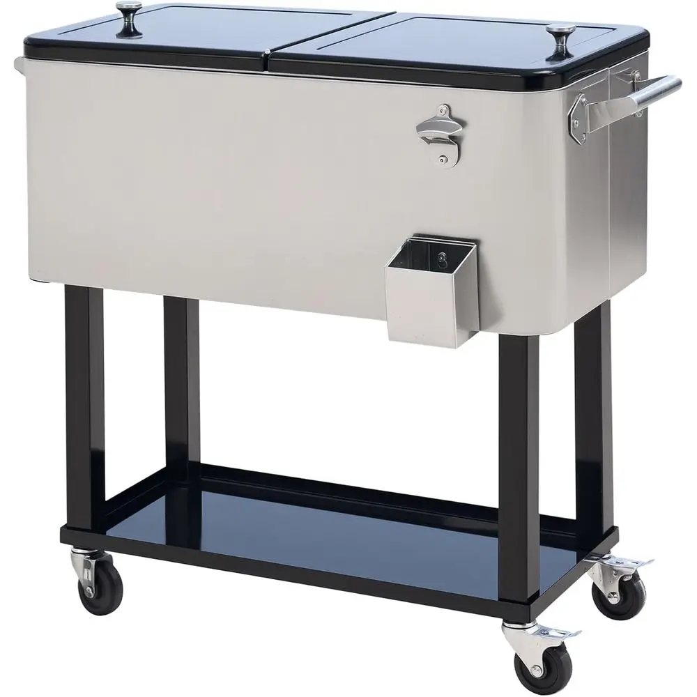 80-Quart Rolling Cooler with Wheels for Outdoor Use - Silver Stand-Up Drink Cart for Parties