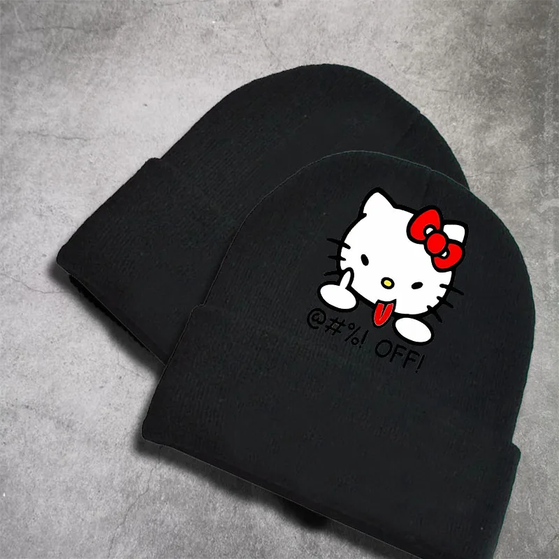 

Sanrioes HelloKitty Kuromi Cute Warm Knitted Hat Girls Boys Autumn and Winter Outdoor Sports Student Hat Windproof Cycling Hats